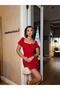 Women's Red Front Gathered and Lace-Up Mini Dress Yel221188 - 2