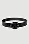 Crocodile Patterned Faux Leather Belt with Oval Buckle - Black
