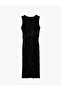 Slim Fit Crew Neck Draped Sleeveless Textured Velvet Midi Dress - 6