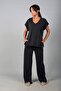 Women's V-Neck Side Gold Buttoned Slit Blouse Elastic Waist Pocketed Wide Leg Pants Lyocell 2-Piece Set - 3