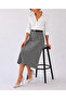 Belted Detailed Midi Length Loose Gray Plaid Patterned Woven Skirt - 2