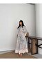 Women's Turquoise Pera Linen Mandarin Collar Ethnic Patterned Maxi Dress Jen2647 - 3