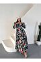Women's Black Pera Linen Fabric Guipure Detailed Floral Patterned Maxi Dress Jen2689 - 4