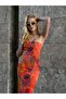 Women's Orange Tie Dye Patterned Strapless Tulle Midi Dress Yel221309