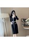 Women's Black V-neck Long sleeve Midi Dress