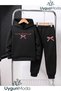 I'M Girl Ribbon Printed Hooded Thick Cotton Inside Tracksuit with Pockets Children's Top and Bottom Tracksuit Set