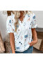 Women's White Floral V-Neck Short Sleeve Blouse - 5