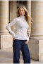 Women's Off-White W6-101 Slim High-Neck Special Embroidered Fabric Design Blouse - 3