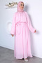 Pink Elastic Waist Belt Detailed Stone Embellished Hijab Dress - 3
