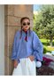 Embroidered Thin Linen Shirt with Embroidered Sleeves - Blue Balloon Sleeve Shirt - 3