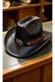 Black Vintage Cowboy Hat with Turquoise Detail and Metal Buckle with Leather Strips - 7