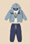 Baby Boy Hooded Zippered Teddy Bear Printed Cargo Pocket 3-Piece Tracksuit Set