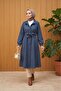 Women's Belted Balloon Sleeve Cashmere Coat Navy Blue