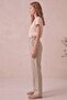 Beige Gathered Elastic Waist Linen Look Palazzo Trousers - 3