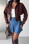 Women's Brown 3-Thread Hooded Zip-Up Crop Sweatshirt Nbg6224 - 4