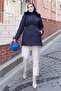 Fur Collar Waist Gathered Quilted Jacket Navy Blue 19293 - 3