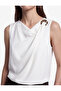 Crepe Fabric Asymmetrical Collar Sleeveless Blouse with Metal Accessories - 5