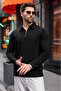 Black Half-Zip Polo Collar Textured Men's Sweatshirt E7197