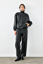 Ribbed Stitched Wide Leg Leather Trousers - Black - 6