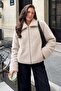 Beige Zippered Soft Textured Lined Plush Fur Women's Jacket Sh396 - 2