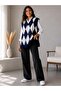 Women's Acrylic Diamond Patterned Furry Collar Ribbed Knitwear Sweater Oversize - 7