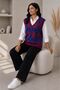 Women's Acrylic Diamond Patterned Furry Collar Ribbed Knitwear Sweater Oversize - 7