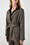 Beli Belted Collarless Sequined Herringbone Jacket - Brown - 4