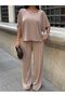 Women's Beige Oversize T-Shirt Casual Pants Set - 4