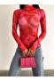 Women's Orange Cream High Neck Long Sleeve Tulle Blouse - 2