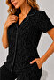 Women's Black Patterned Shirt Collar Short Sleeve Buttoned Long Pajama Set - 3