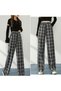 Women's Black Plaid Wide-Leg Trousers - 6