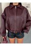 Women's Premium Burgundy Oversize Faux Leather Jacket with Belt Detail - 3