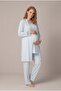 Women's Blue Lace Long Sleeve Maternity Pajama Set with Dressing Gown for Easy Breastfeeding - 3