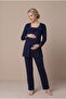 Women's Navy Blue Lace Long Sleeve Maternity Pajama Set with Easy Nursing Dressing and Comfortable Robe - 2