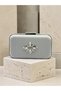 Silver Gray Lame Striped Satin Silver Detailed Crystal Stone Chain Strap Women's Evening Dress Bag Wedding Engagement Graduation - 3