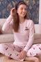 Powder Cherry Patterned Waffle Soft Long Sleeve Women's Pajama Set