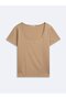 Regular Fit U-Neck Basic Beige T-Shirt - 3