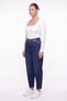 Women's Navy Blue Winter Denim Trousers with Belted Waist, Elastic Waistband and Stone Detail - 2