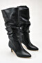 Women's Drawstring Detailed Thin Heeled Long Boots Black Leather