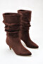 Women's Drawstring Detailed Thin Heeled Short Boots Brown Suede