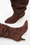 Women's Drawstring Detailed Thin Heeled Long Boots Brown Suede - 5