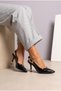 Women's Black Patent Leather Buckle Pointed Metal Heeled Shoes - 8