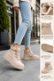 Women's Beige High Ankle Boots with Fur Lining, Thick Sole, Lace-Up Casual Shoes -26538