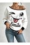 Women's Smile Printed Black Sweatshirt with Piping Detail and Boat Neckline - 3