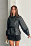 Women's Belted Leather Biker Jacket Coat with Zipper Detail - 5