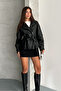 Women's Belted Leather Biker Jacket Coat with Zipper Detail - 3