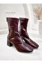 Janice Women's Burgundy Blunt Square Toe Wrinkled Patterned Patent Leather Stretch Back Zipper 6 cm Thick Heeled B - 5