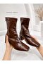 Janice Women's Bitter Brown Blunt Square Toe Wrinkled Patterned Patent Leather Stretch Back Zipper 6 cm Thick Heel - 4