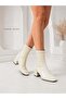 Janice Women's Beige Blunt Square Toe Wrinkled Patterned Patent Leather Stretch Back Zipper 6 cm Thick Heeled Boots - 3