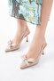 Zri̇n-4501 Beige Patent Leather Daily Open Back Bow Heeled Shoes 9 cm